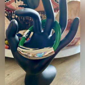 Green Leather and Stainless Steel Bracelet-Modern Silver Statement Jewelry 8”